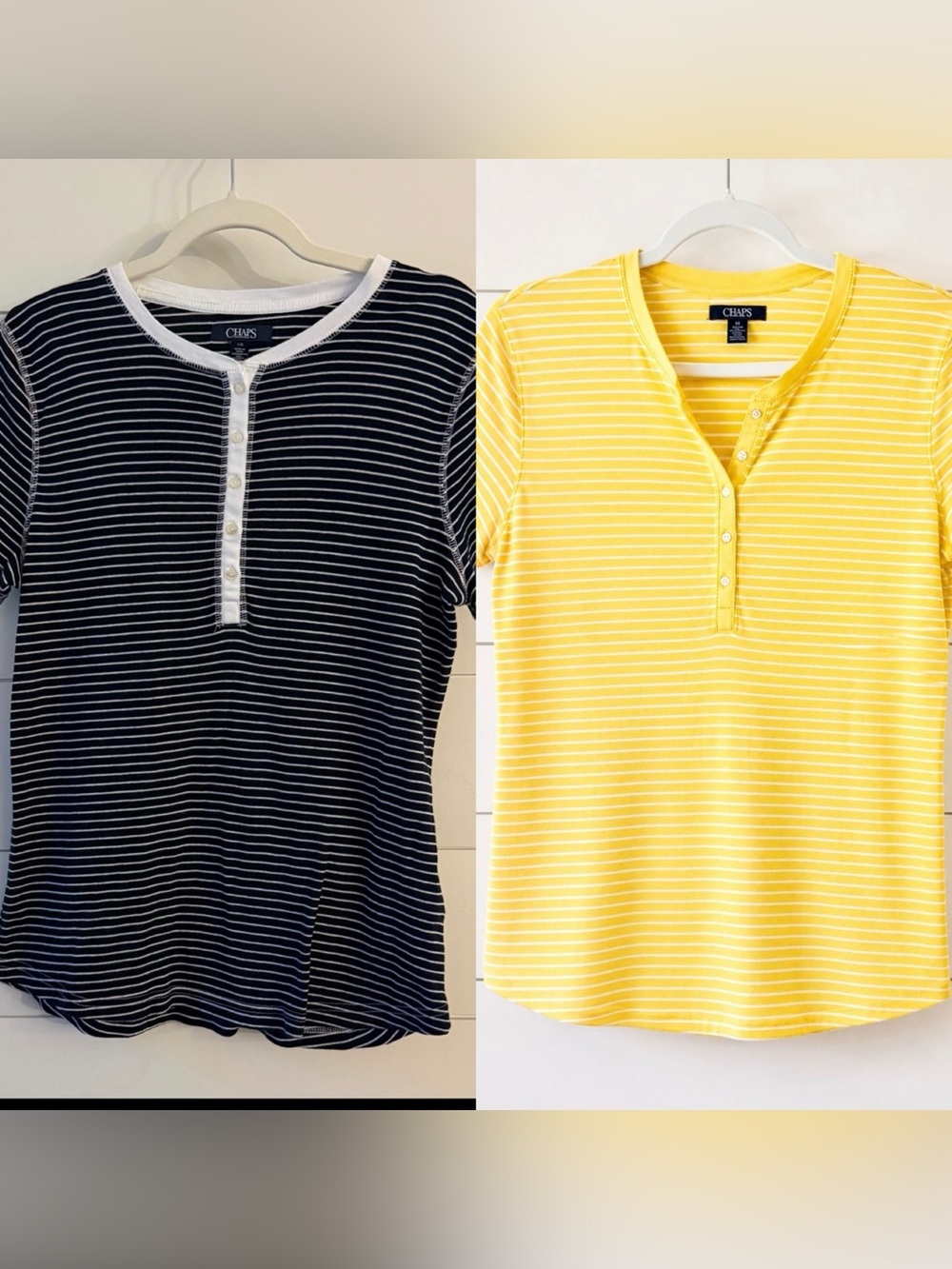 Chaps Women’s Size L Bundle 2 Striped Henley Short Sleeve Tops Yellow & Navy